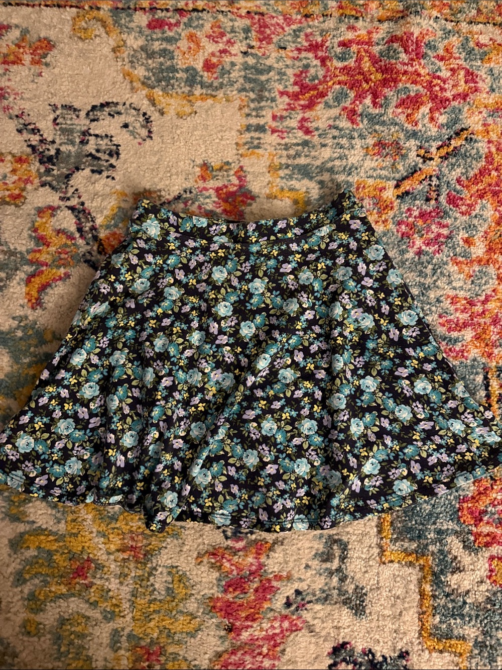 Floral A-Line Skirt in Black with Teal & Lilac Flowers
